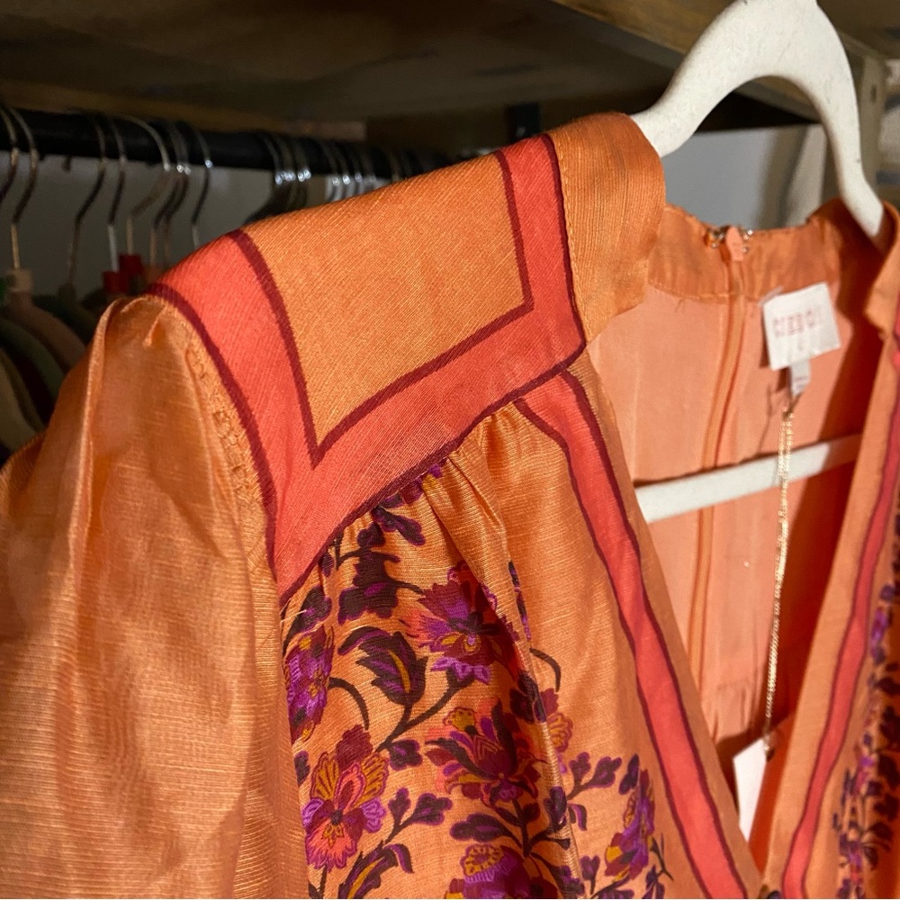 CIEBON Mango Orange Purple Floral Long Sleeve Linen Blend Dress! - Picture 7 of 15